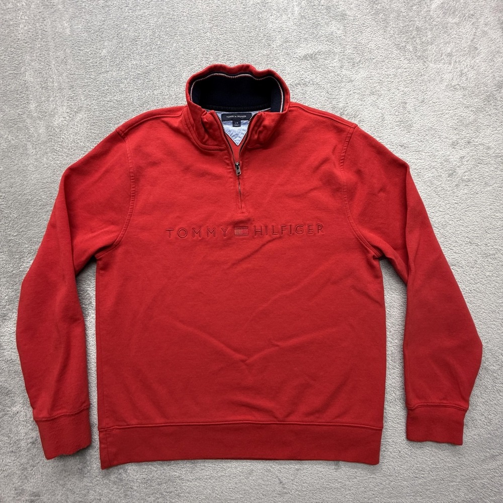 Tommy‎ Hilfiger Sweatshirt Mens L Red Mock Neck Quarter Zip Pullover Logo